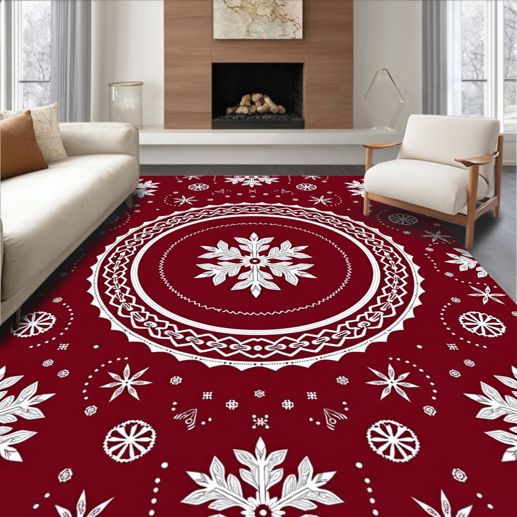 Deep Red White Snowflake Medallion Rug