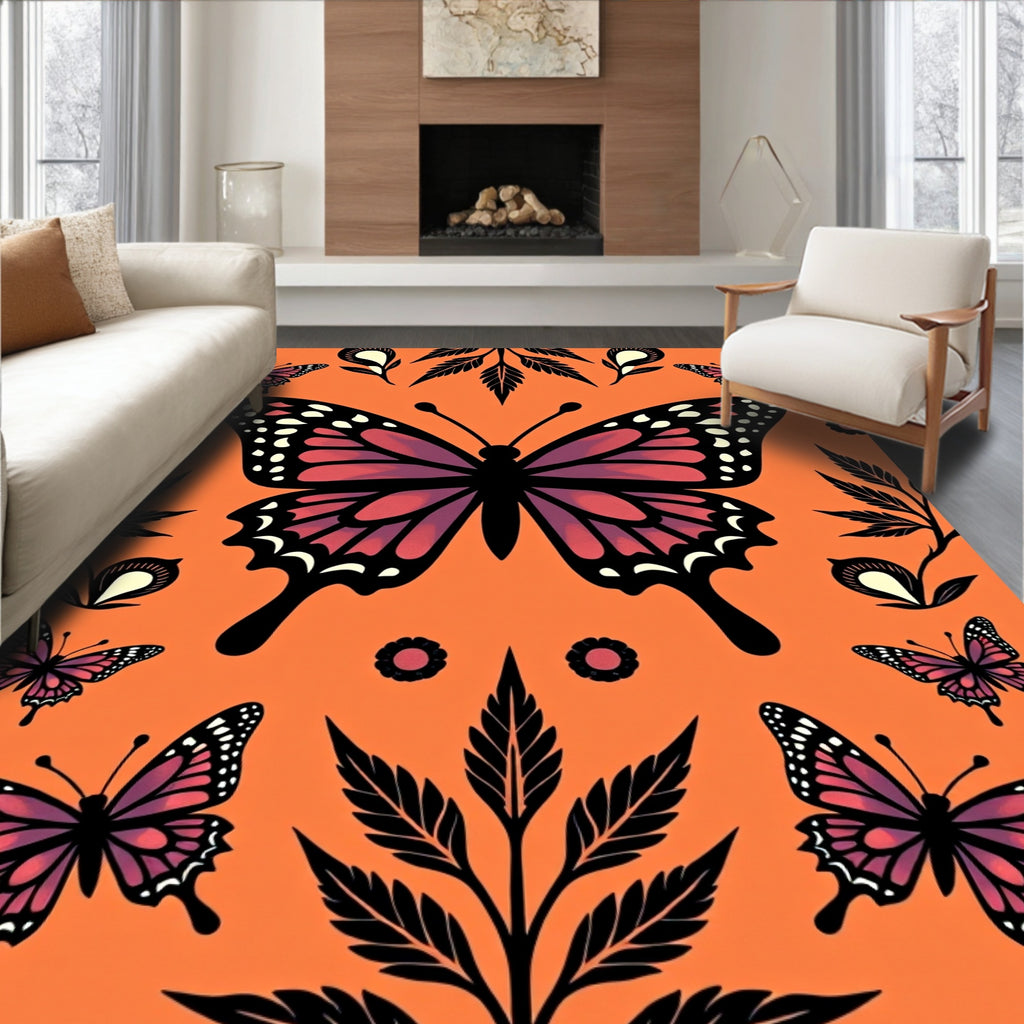 Whimsical Butterfly Garden Orange Rug