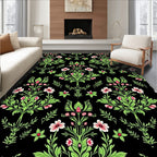 Pink Floral Emerald Vines Black Rug