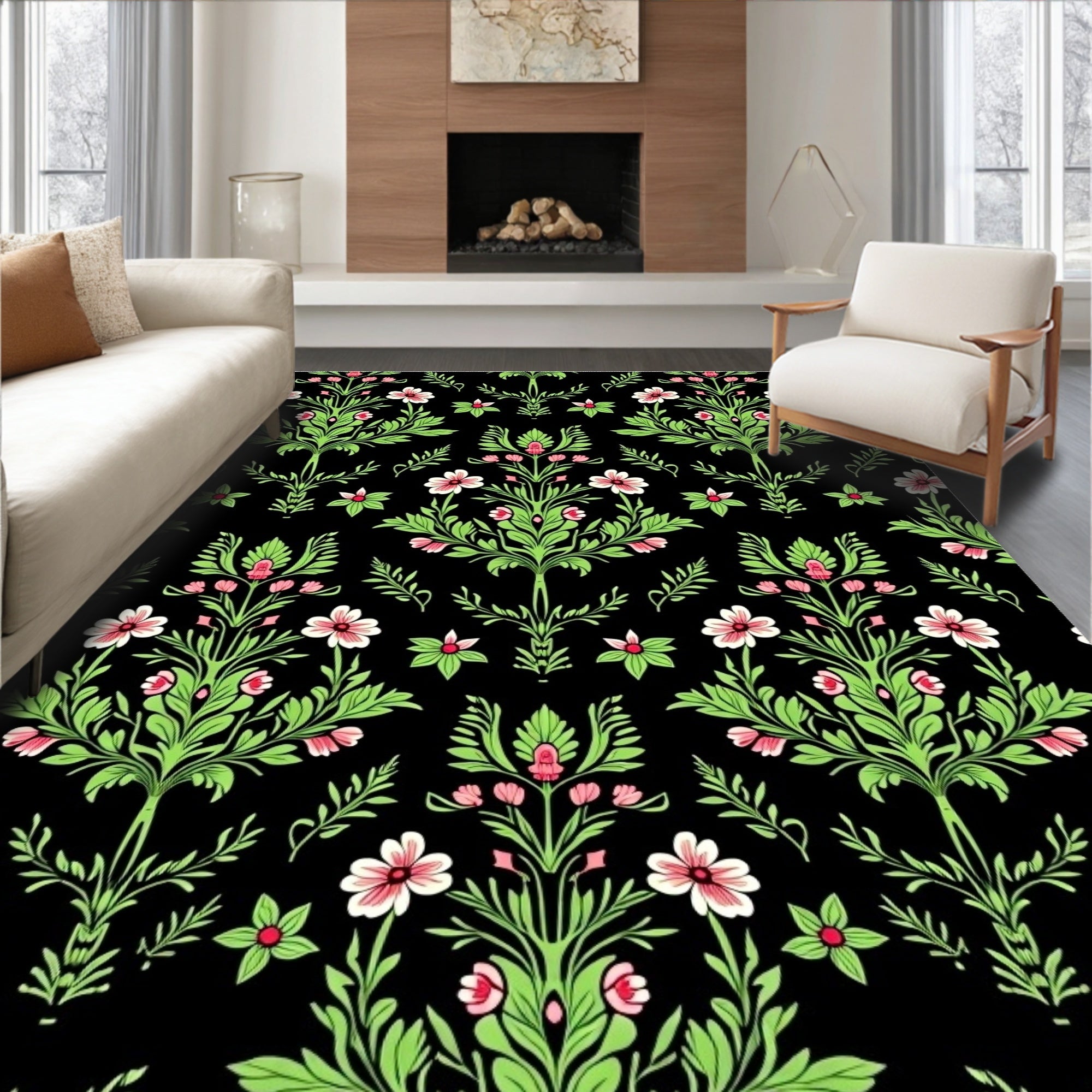 Pink Floral Emerald Vines Black Rug