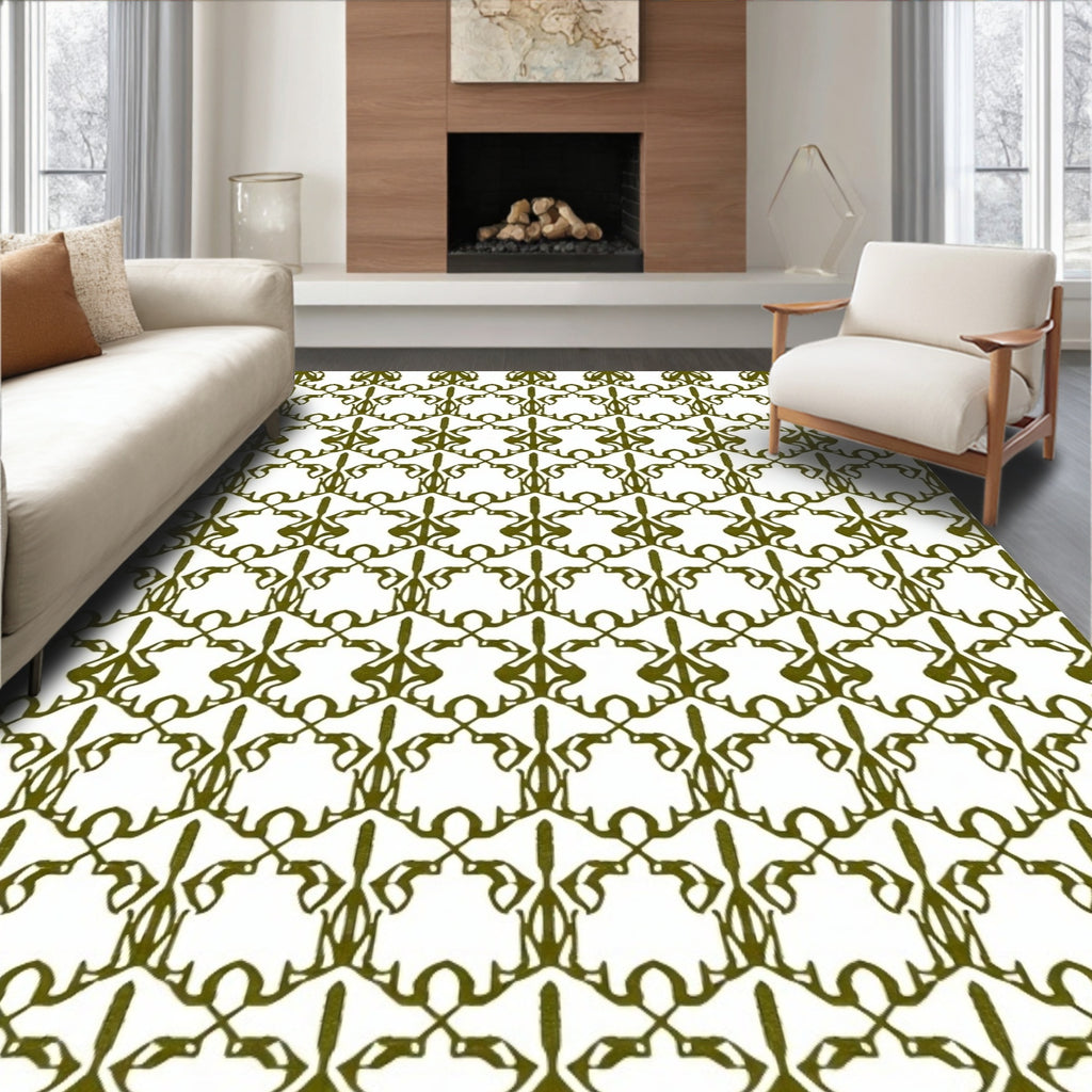 Olive Green Ornate Repeating Trellis Rug