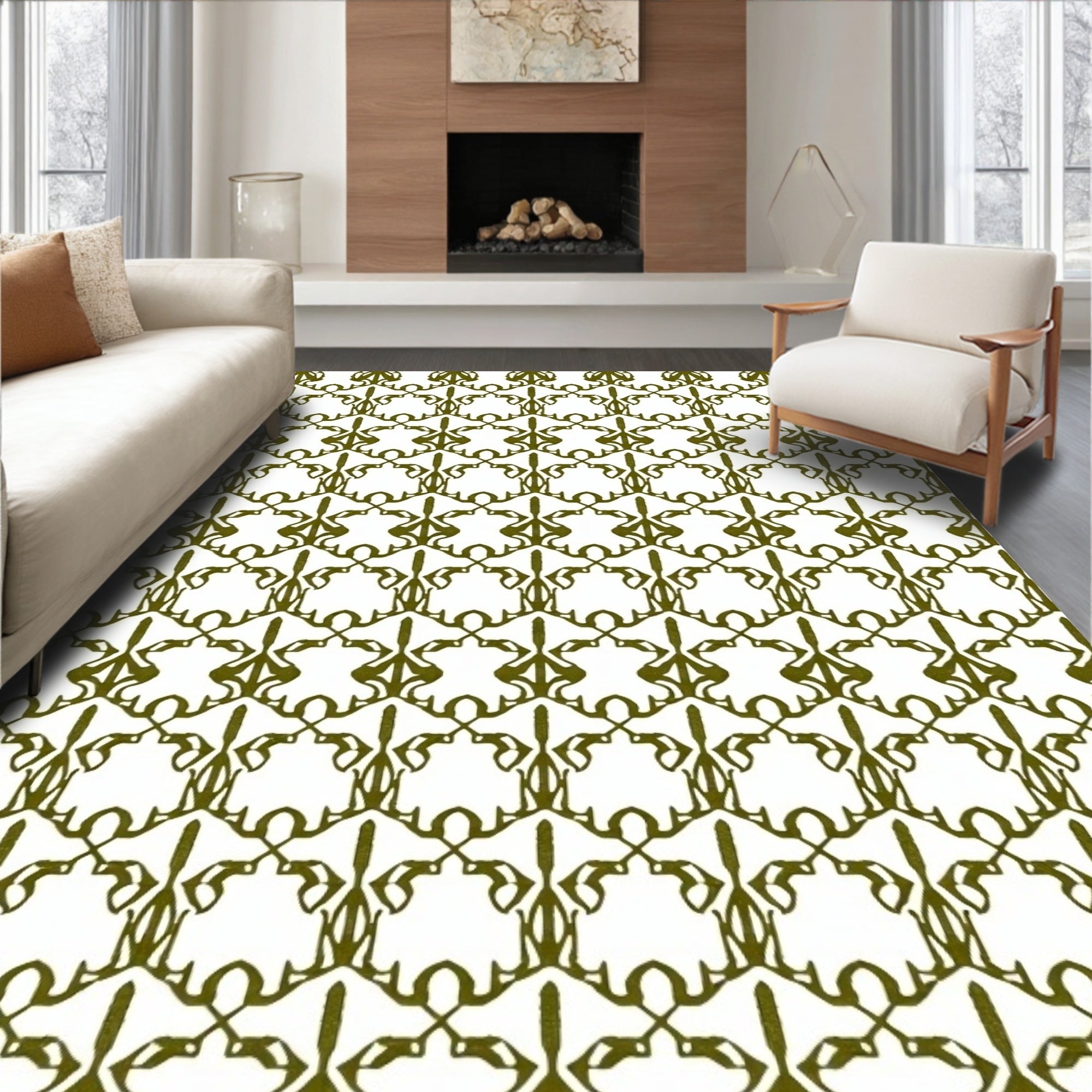 Olive Green Ornate Repeating Trellis Rug