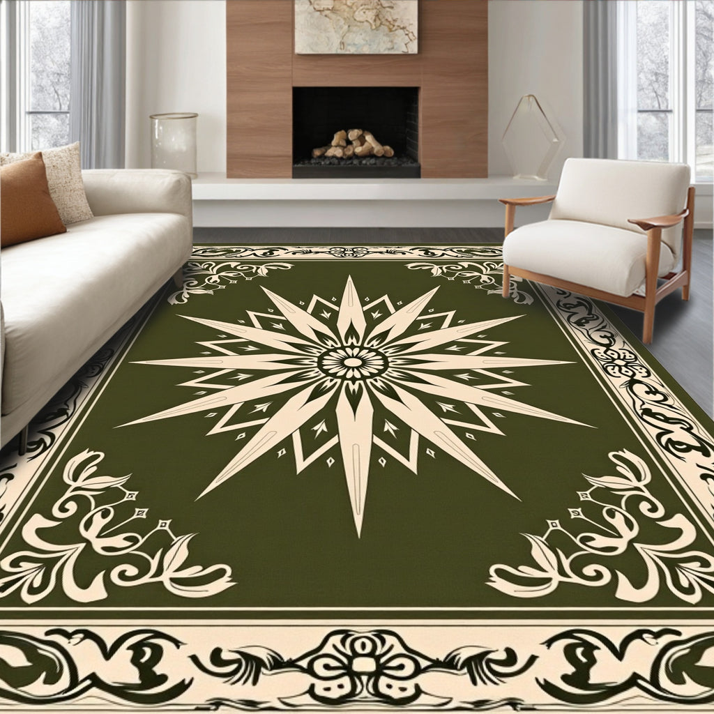 Ornate Olive Sunburst Star Rug