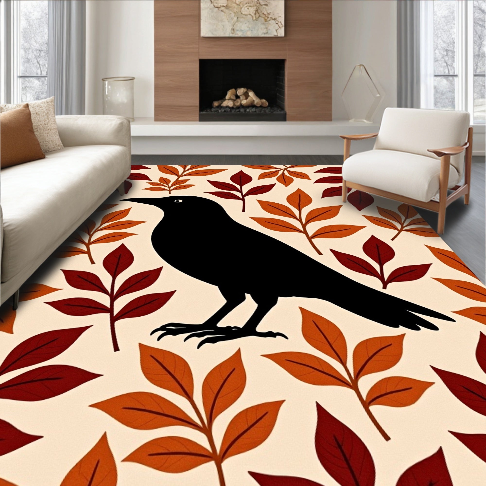 Autumn Crow Leafy Background Rug
