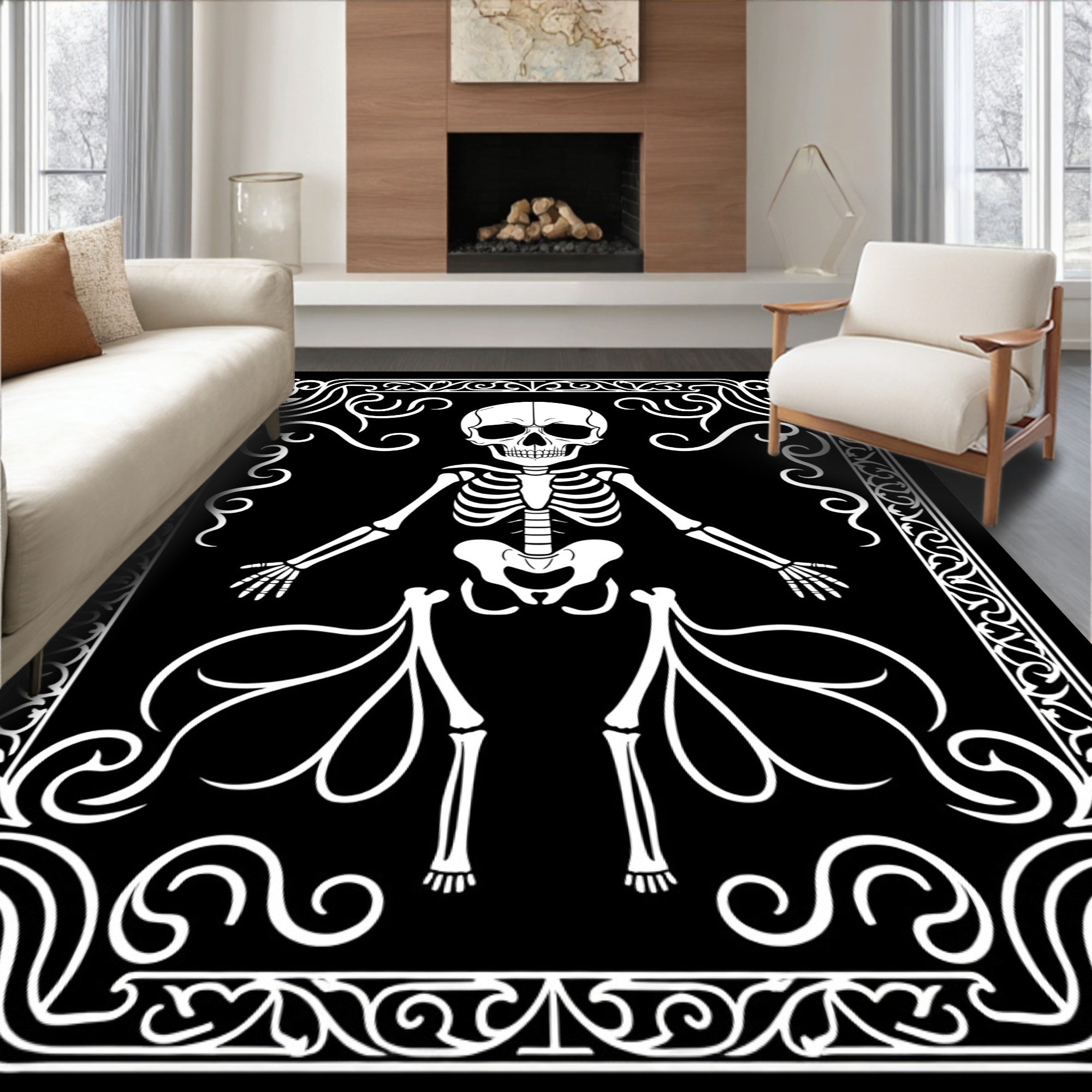 Ornate Black White Skeleton Border Rug