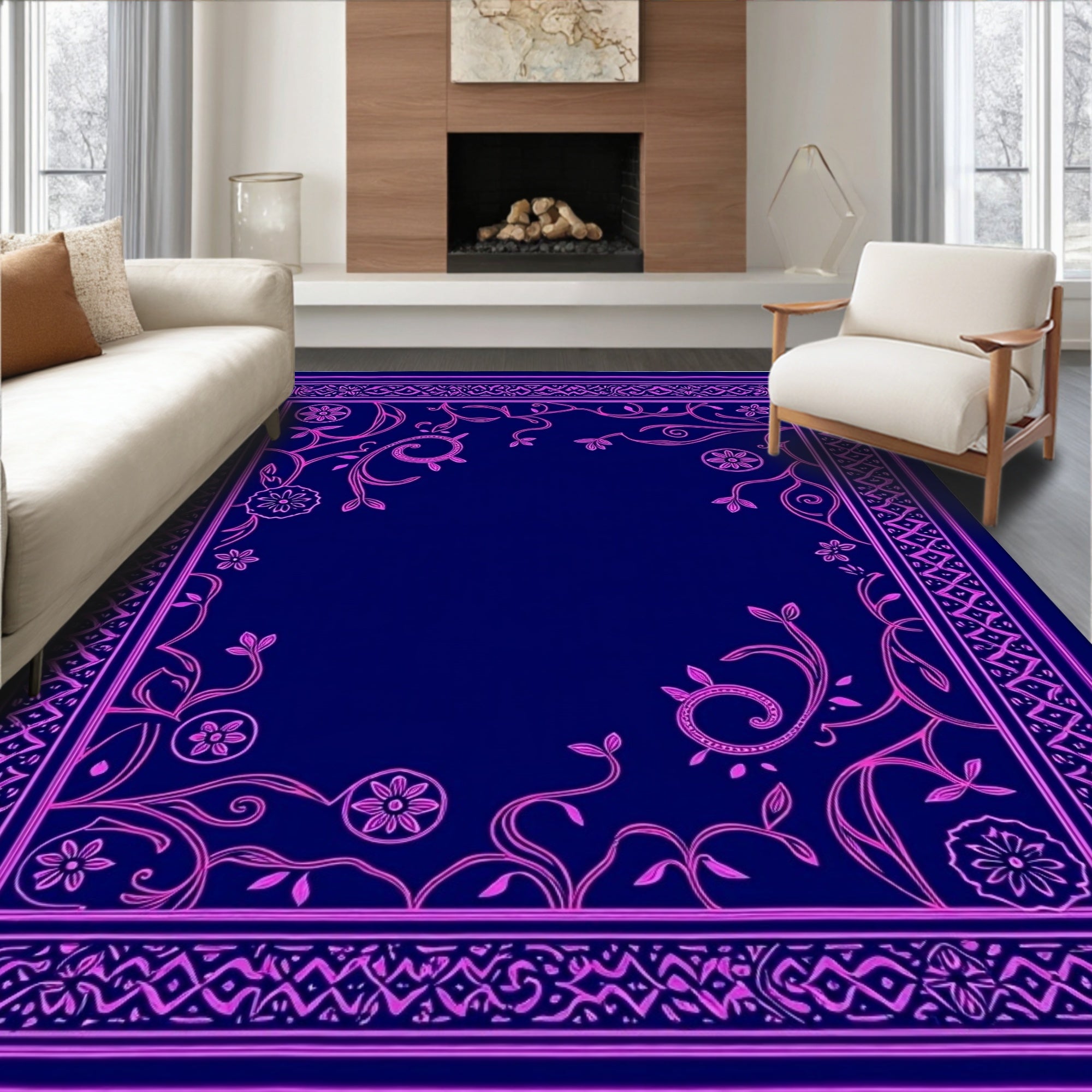 Vibrant Pink Floral Vine Border Rug