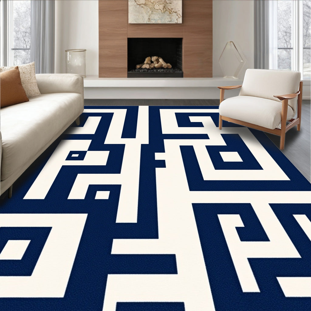 Classic Navy Geometric Labyrinth Rug