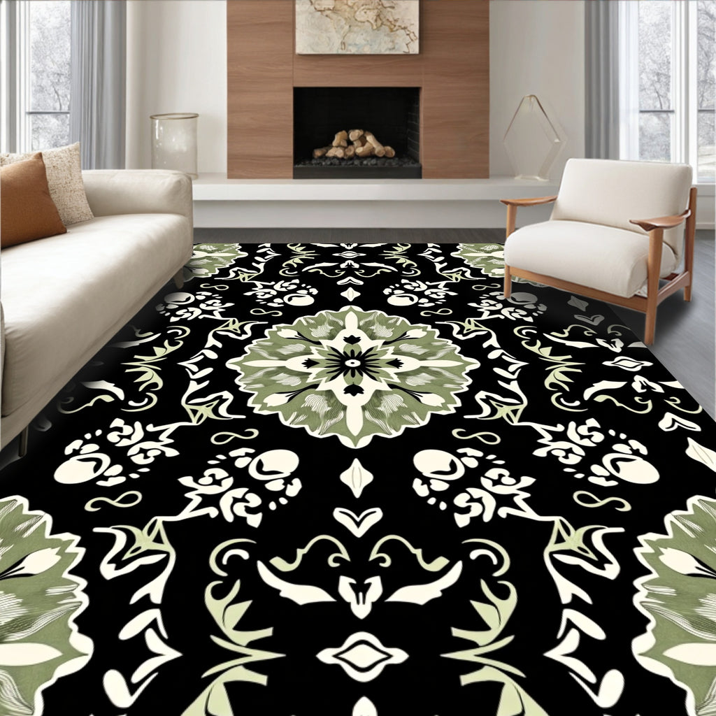 Sage Green Floral Medallion Damask Rug