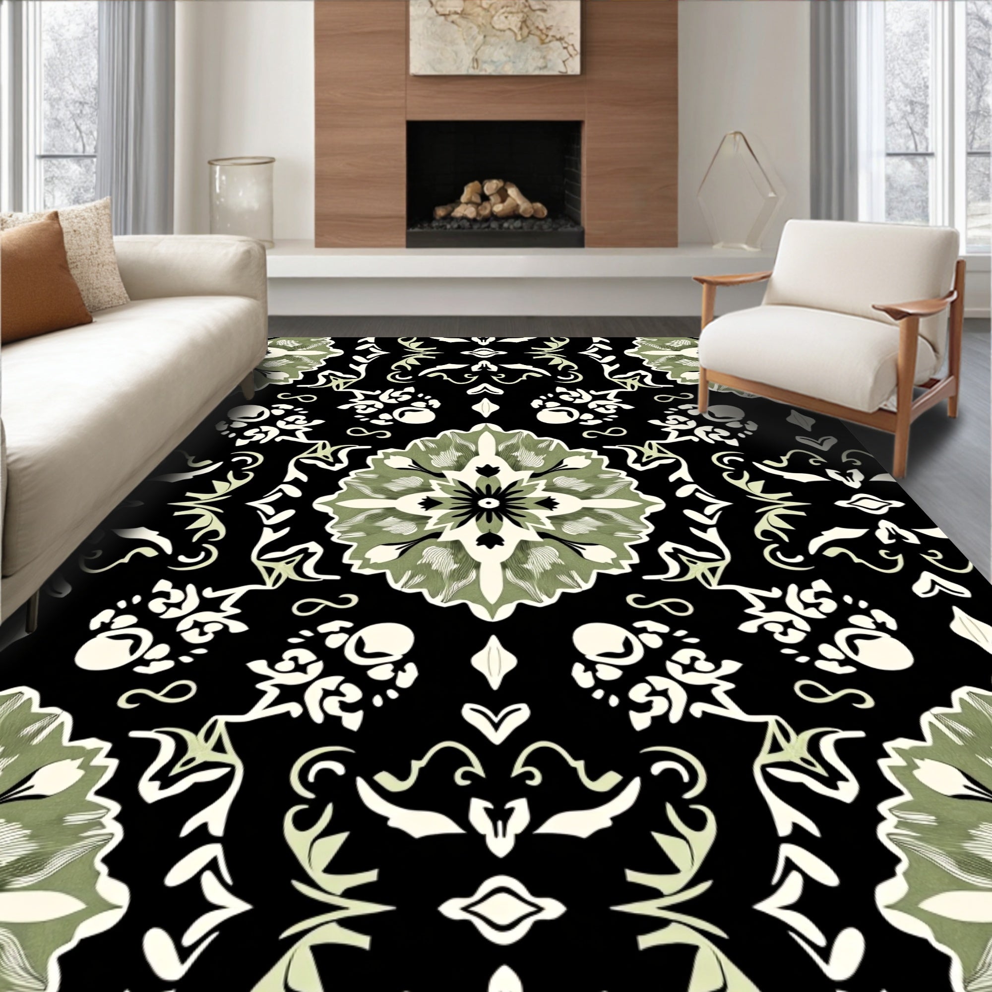 Sage Green Floral Medallion Damask Rug
