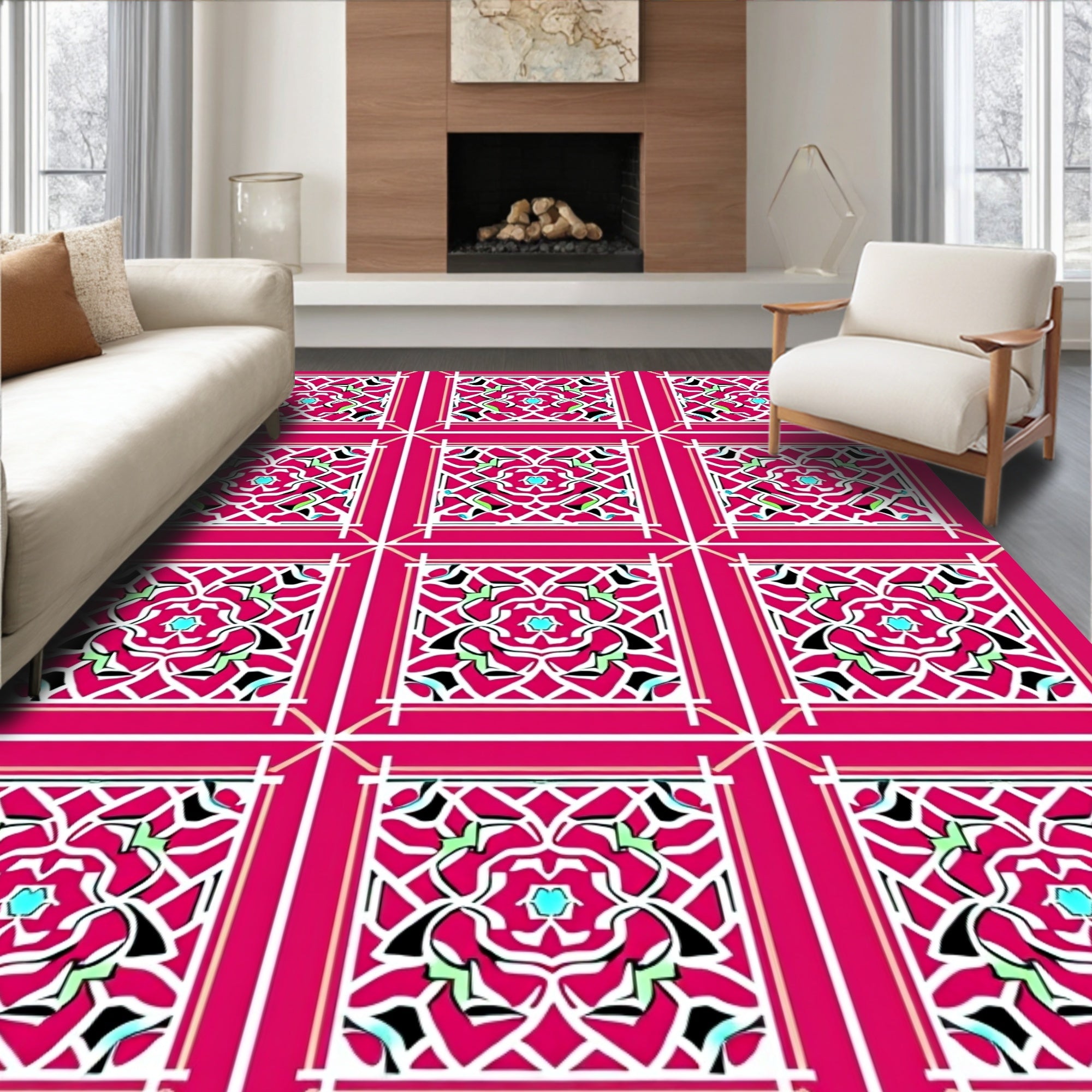 Tiled Fuchsia Geometric Floral Lattice Rug
