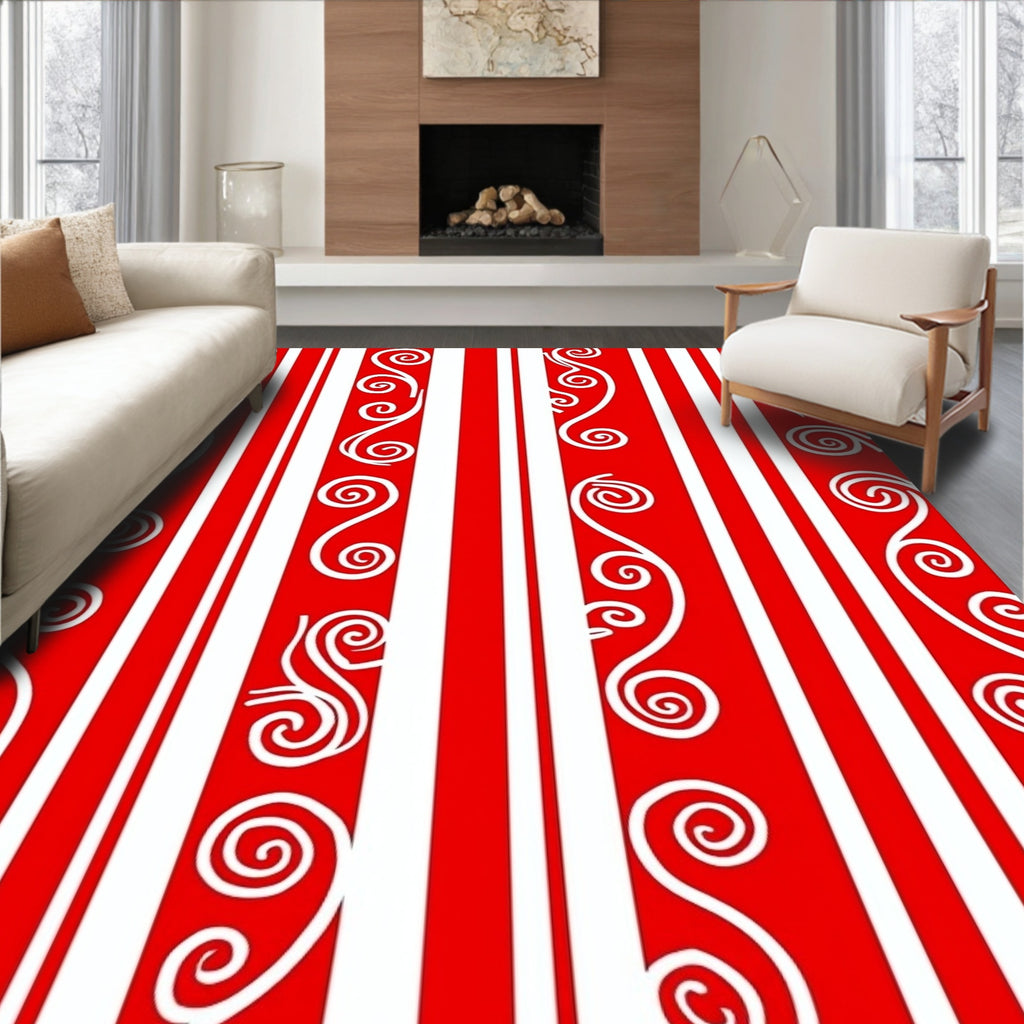 Red White Swirl Stripe Abstraction Rug
