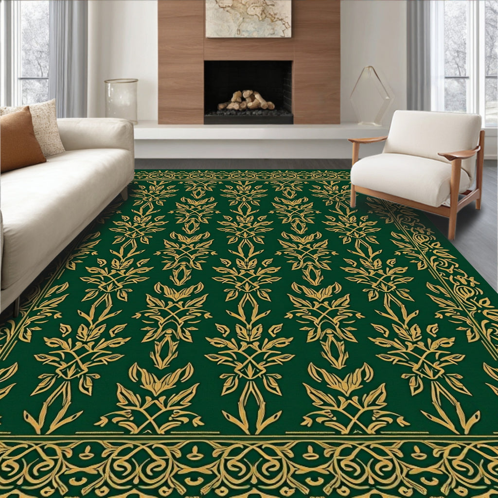 Emerald Gold Ornate Floral Frame Rug