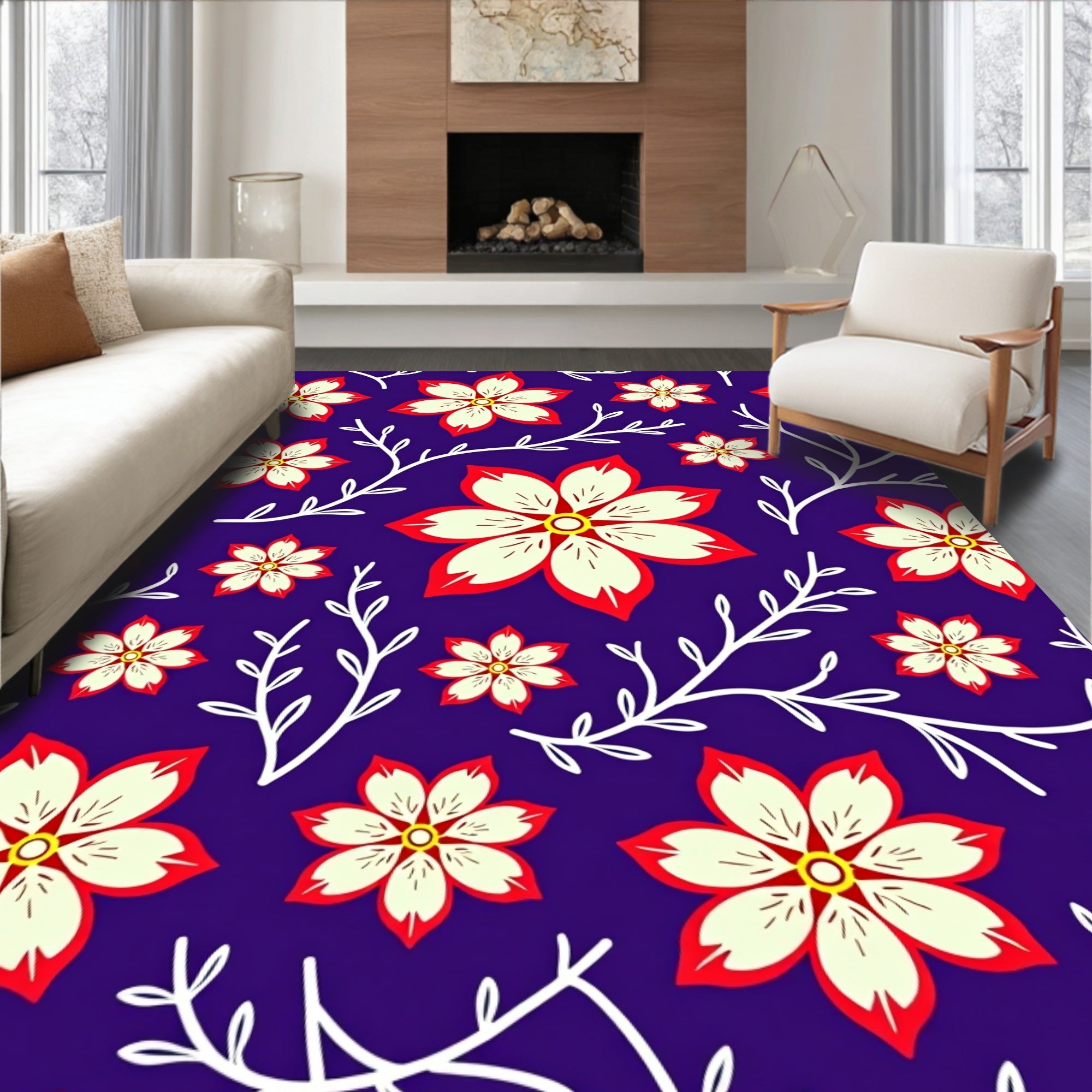 Crimson White Floral Vines Deep Blue Rug