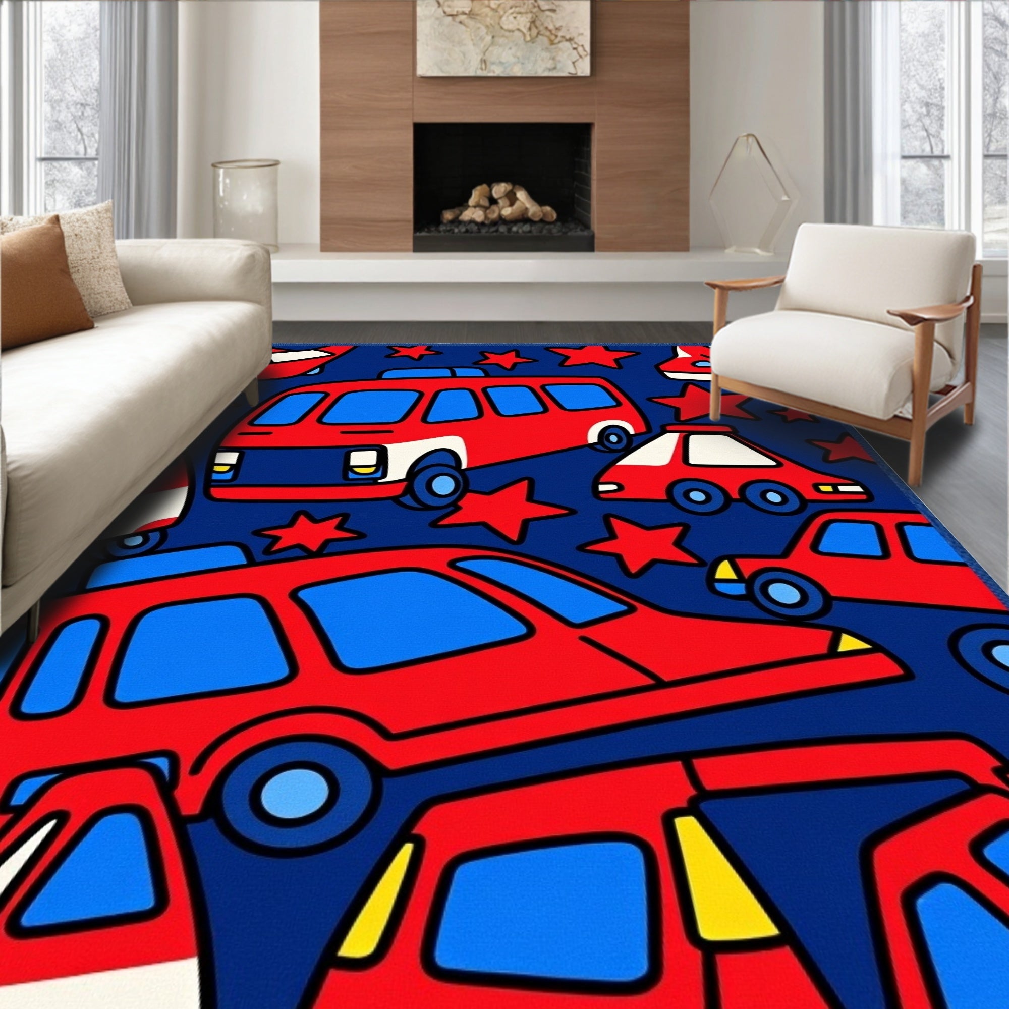 Red Blue Automotive Stars Collage Rug