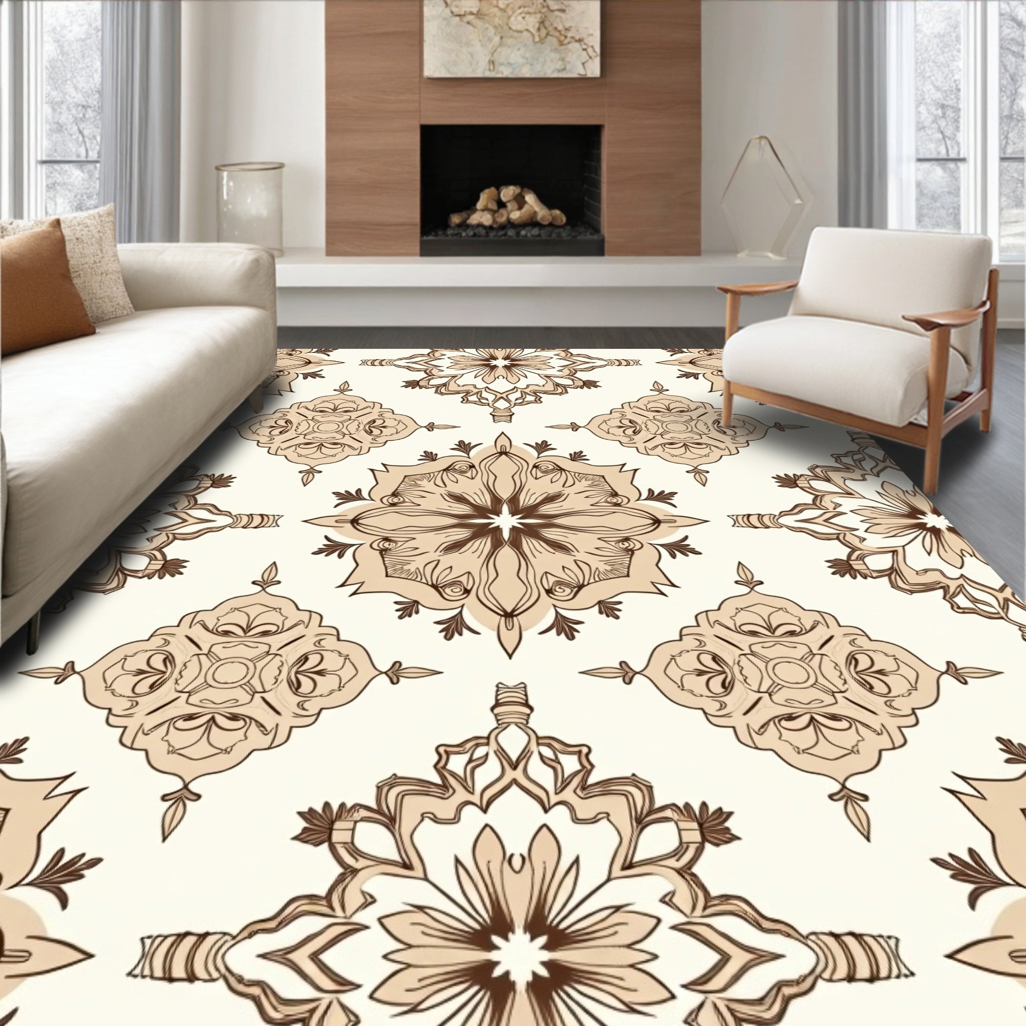 Brown Floral Medallion Repeating Pattern Rug