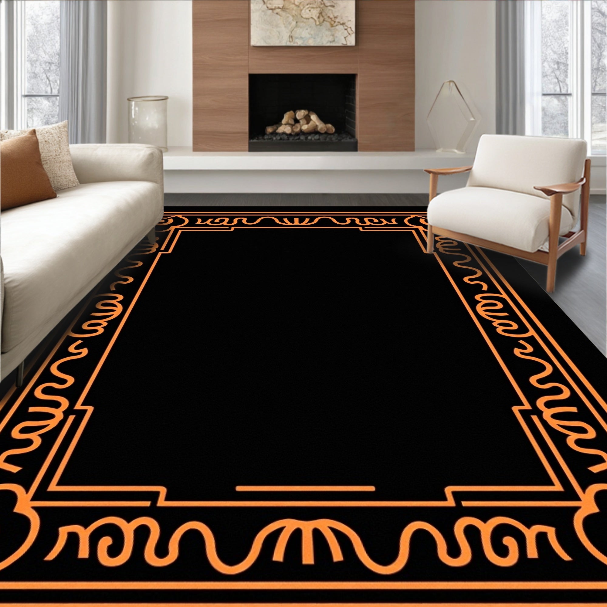 Art Deco Orange Geometric Border Rug