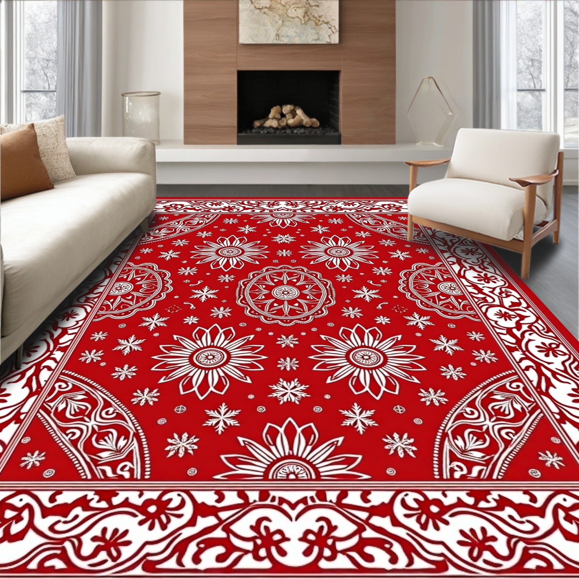 Scarlet White Floral Medallion Border Rug