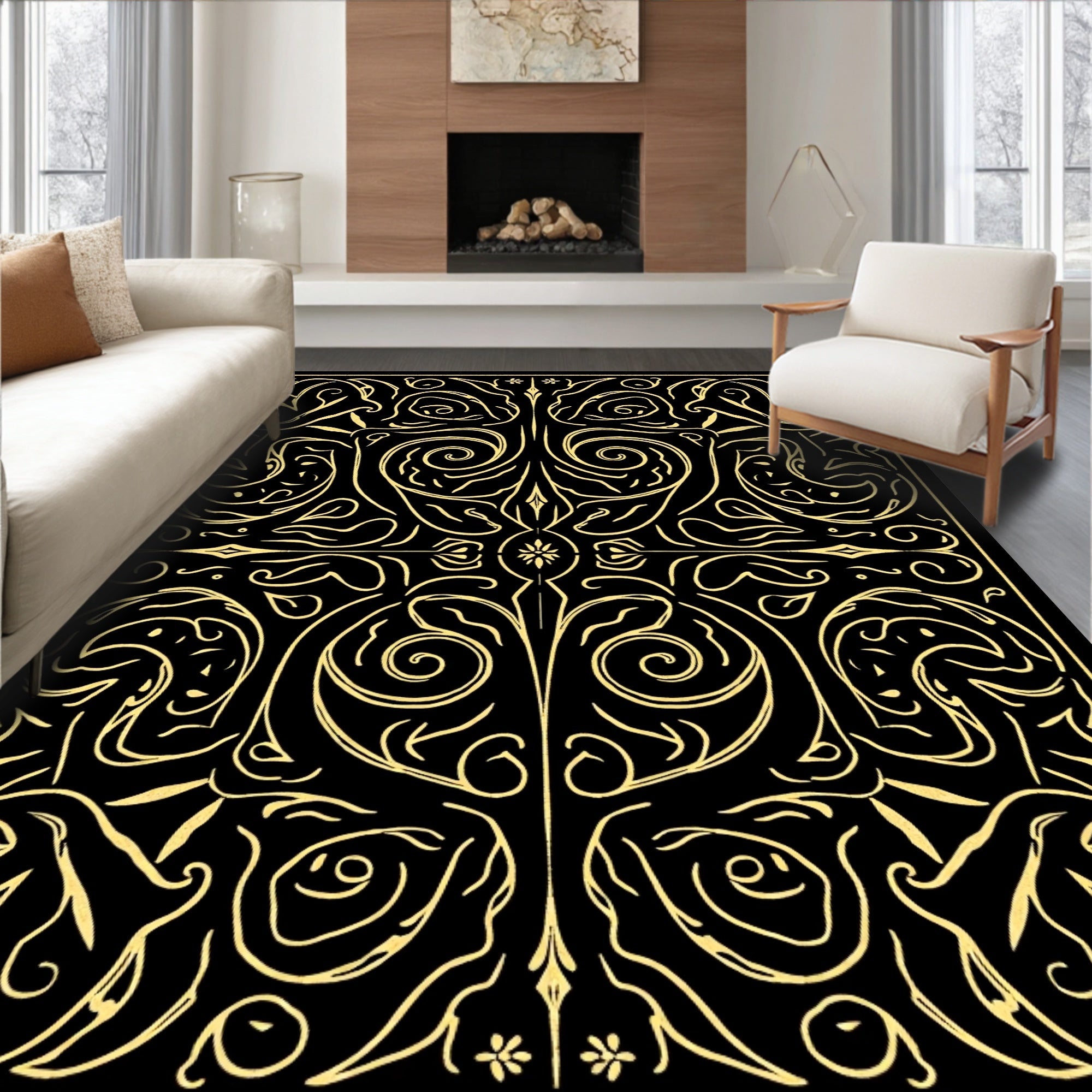Ornate Golden Swirls and Faces Rug