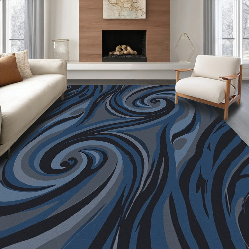 Deep Blue Swirling Brushstroke Rug
