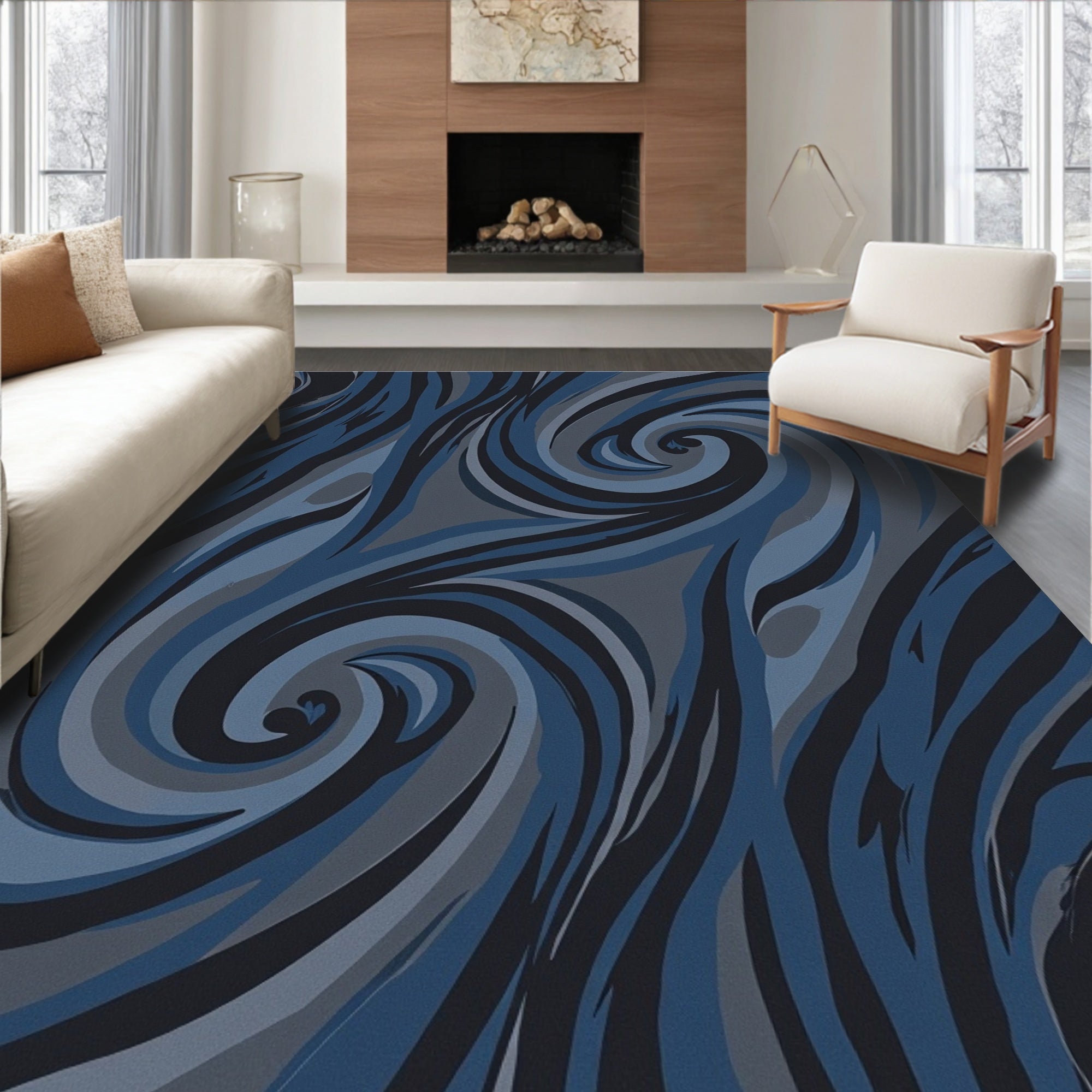 Deep Blue Swirling Brushstroke Rug
