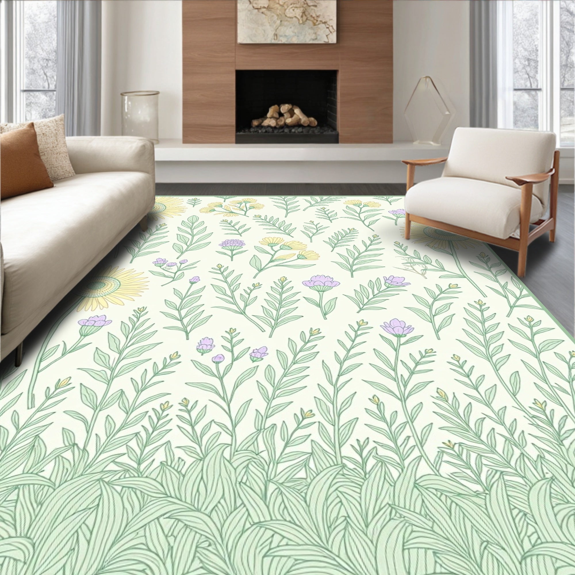 Soft Yellow Purple Botanical Garden Rug