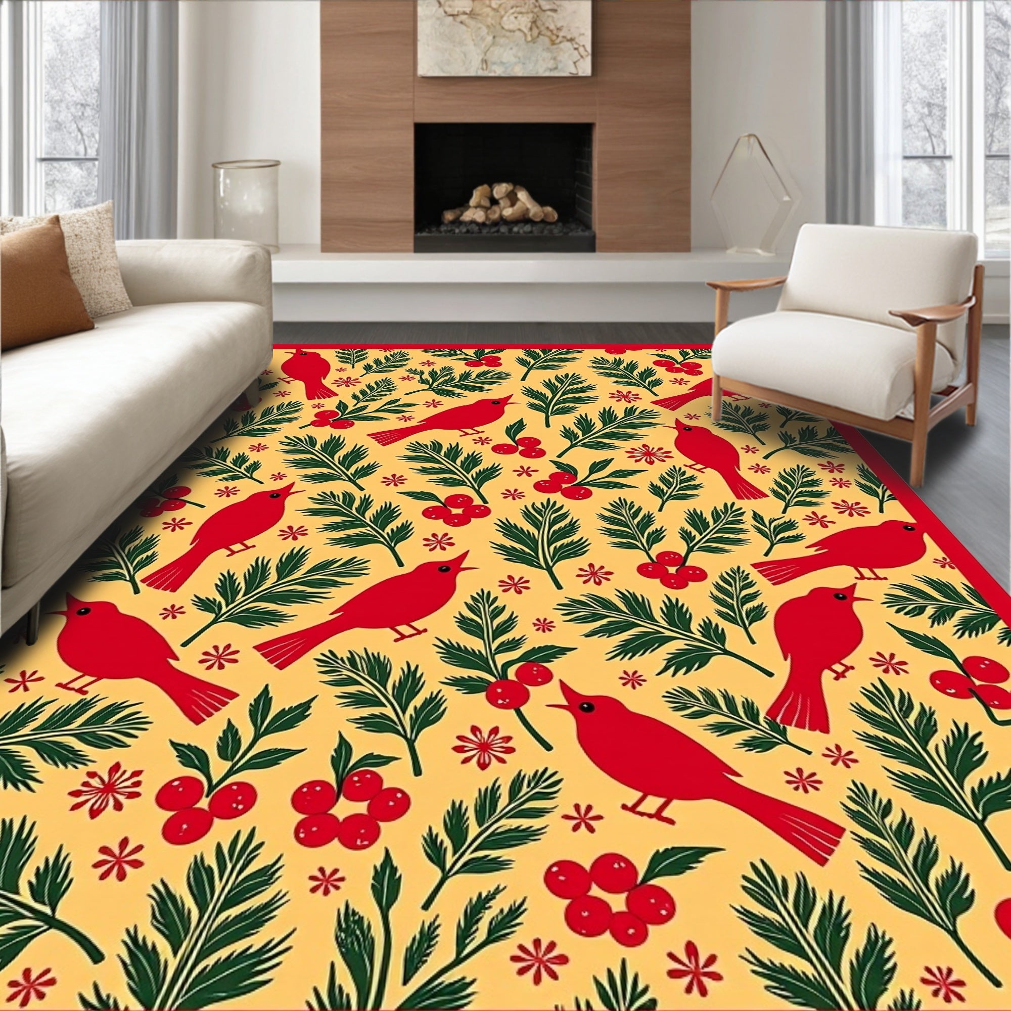 Crimson Cardinal Berry Branch Arrangement Rug