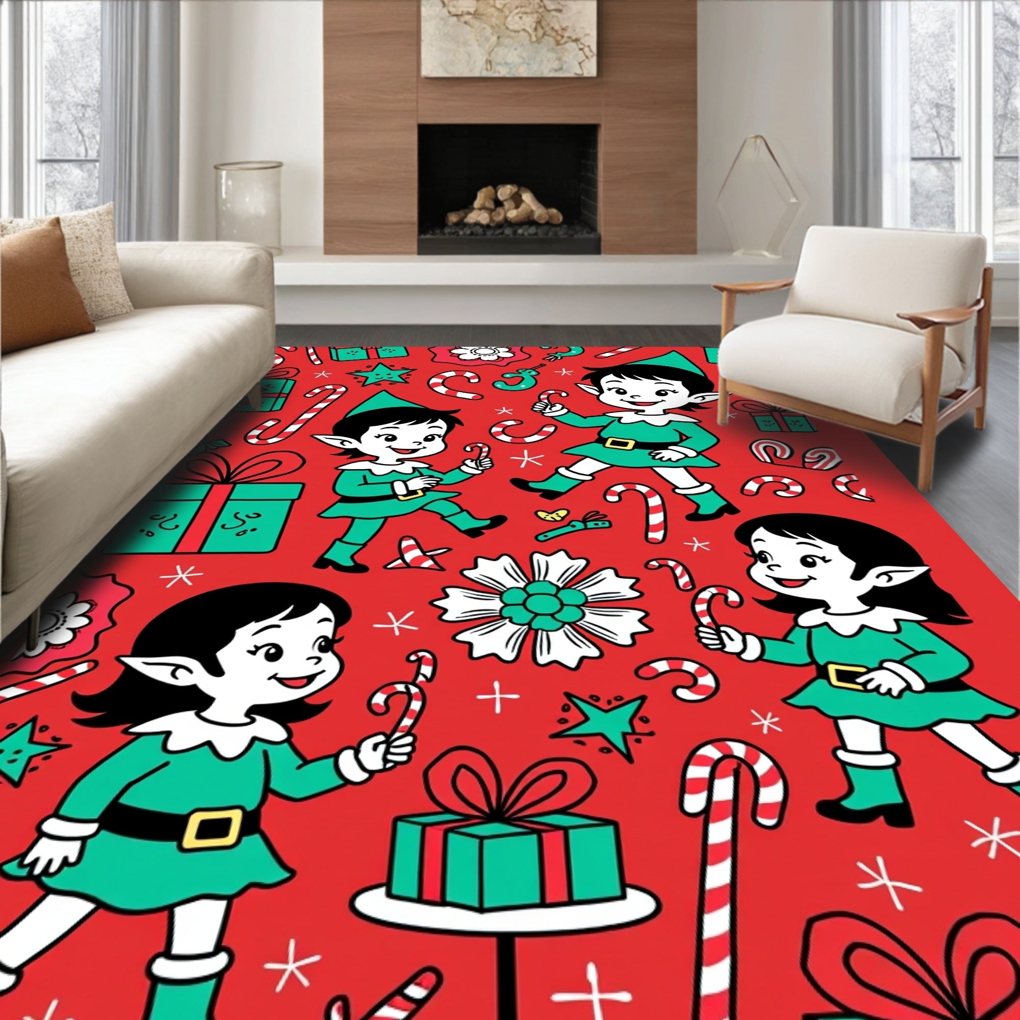 Whimsical Christmas Elves Candy Cane Collage Rug