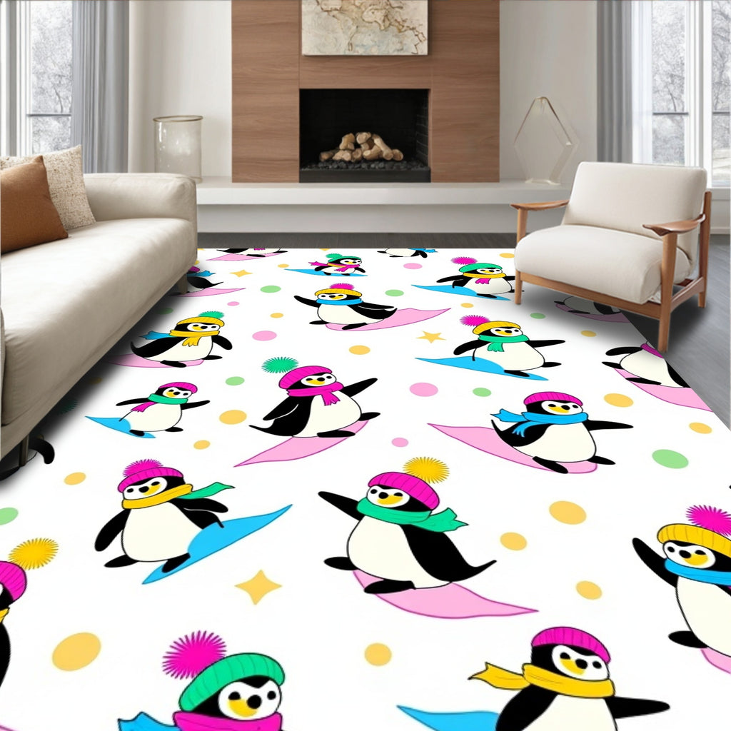 Playful Penguins Skiing Colorful Winter Scene Rug
