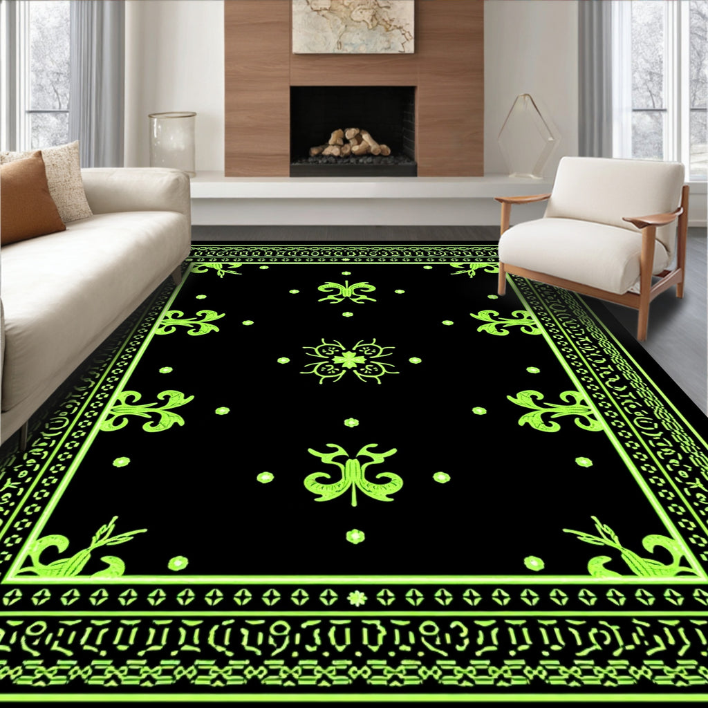 Neon Black Ornate Floral Border Rug