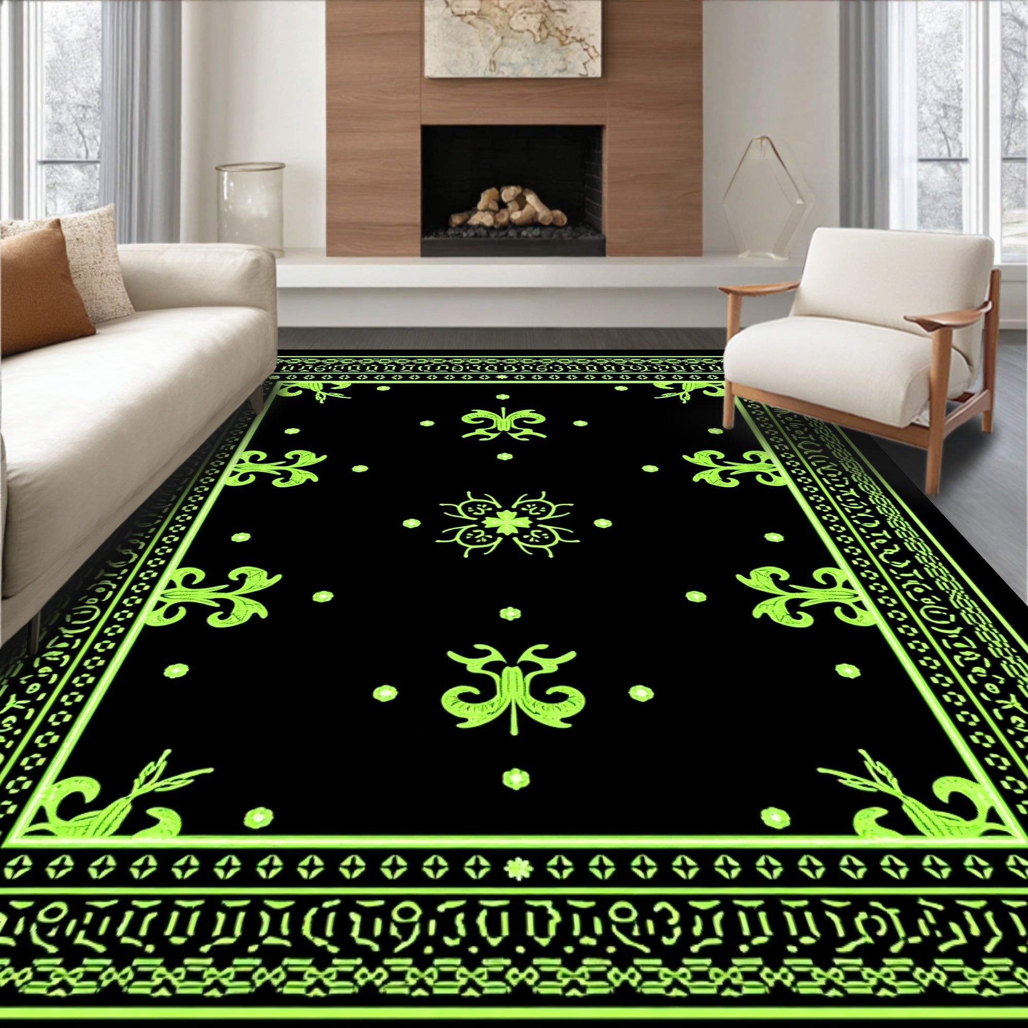 Neon Black Ornate Floral Border Rug