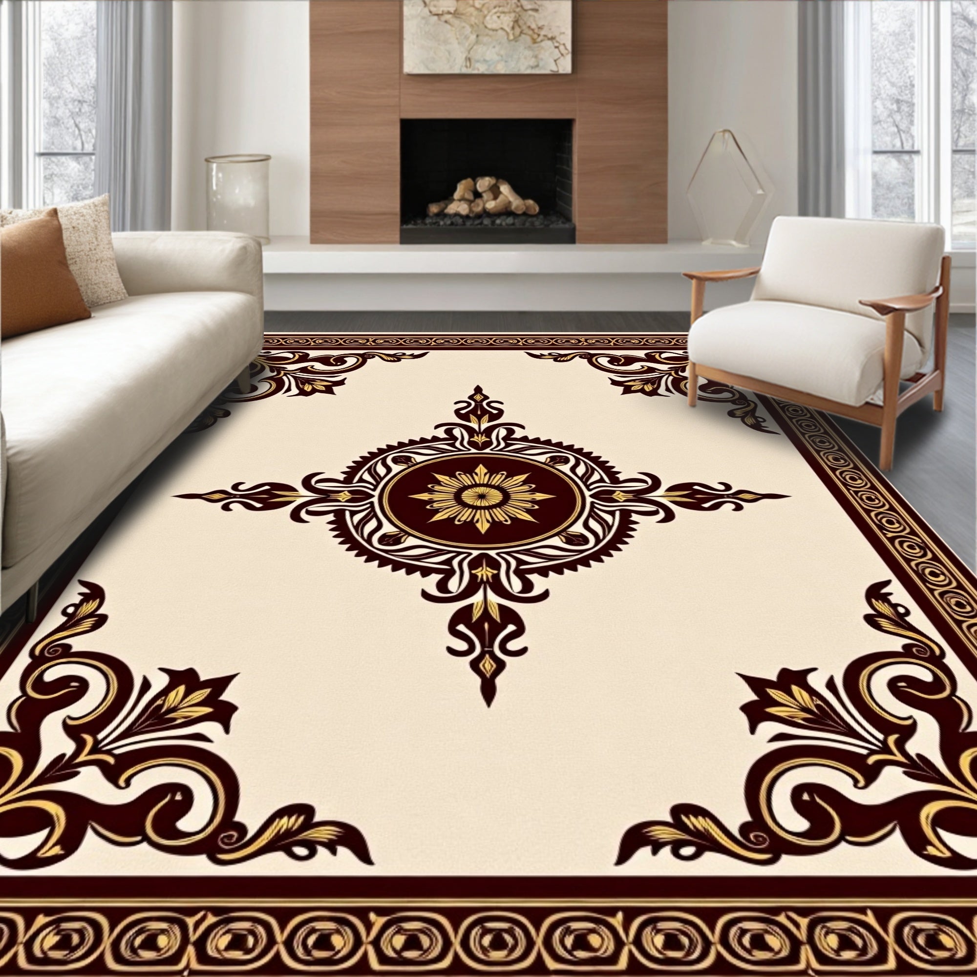 Ornate Burgundy and Gold Medallion Rug