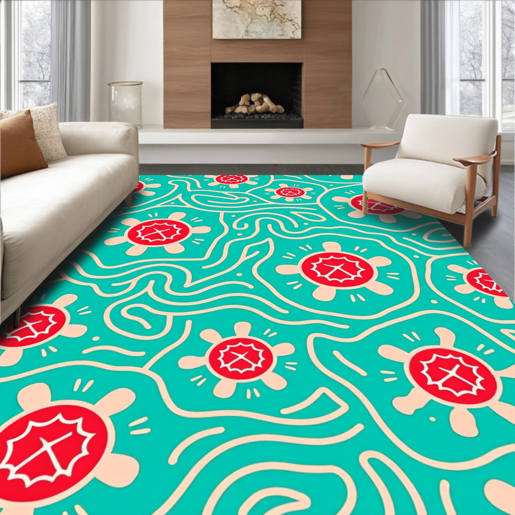 Teal Red Floral Turtle Abstract Rug