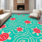 Teal Red Floral Turtle Abstract Rug