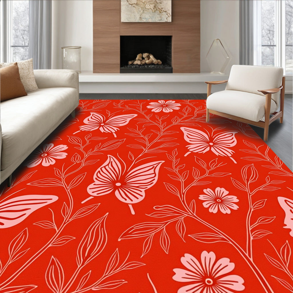 Red Butterfly Floral Vines Rug