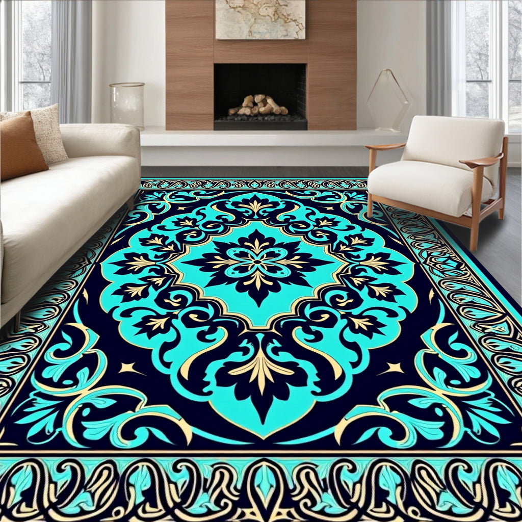 Deep Aqua Golden Floral Medallion Rug