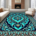 Deep Aqua Golden Floral Medallion Rug
