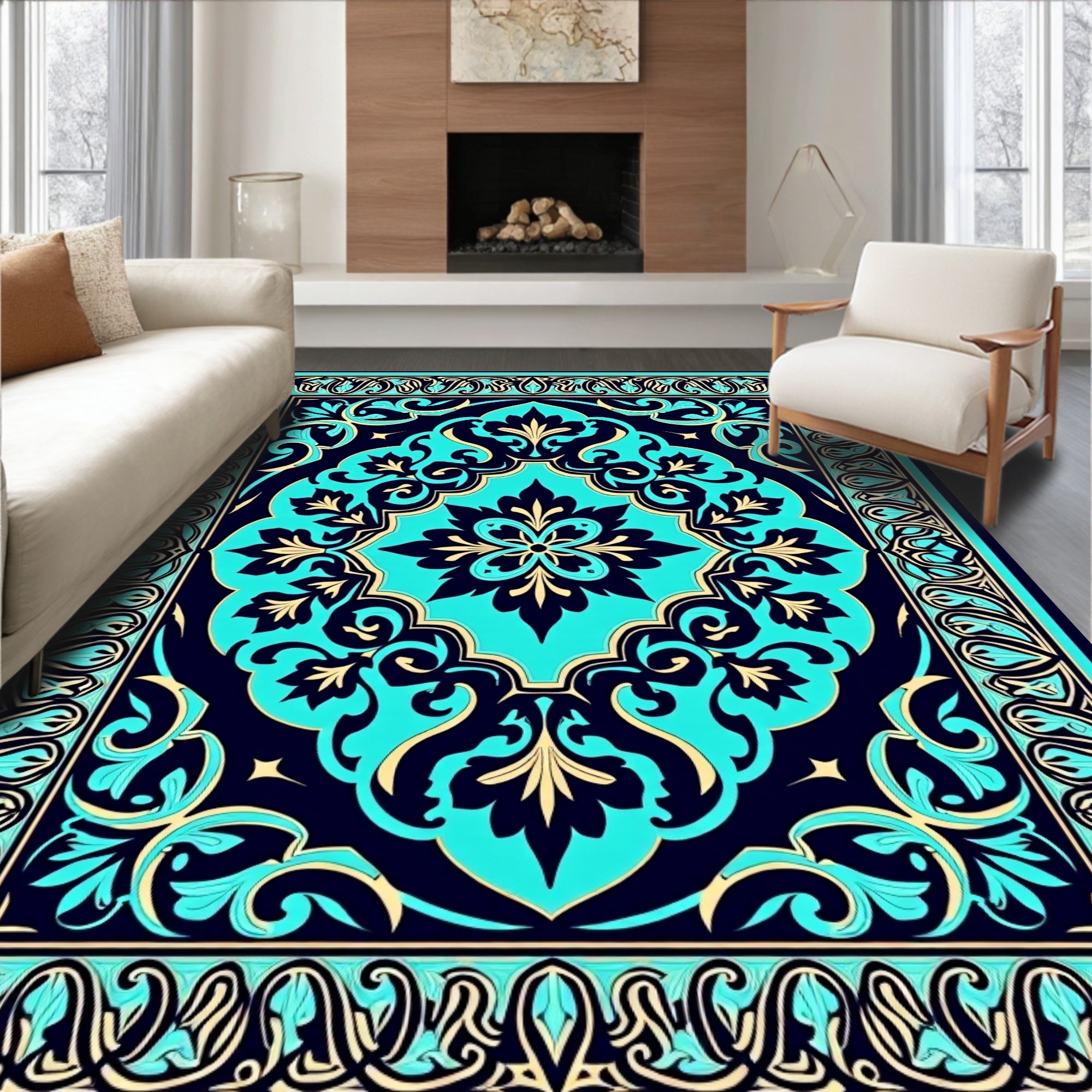 Deep Aqua Golden Floral Medallion Rug