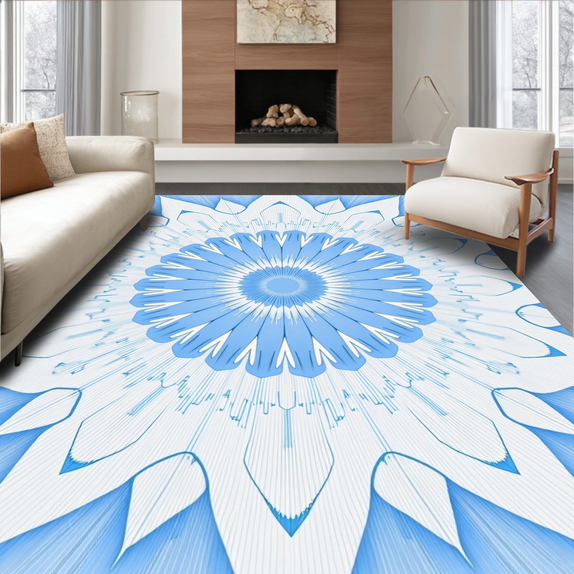 Pale Blue Floral Sunburst Rug