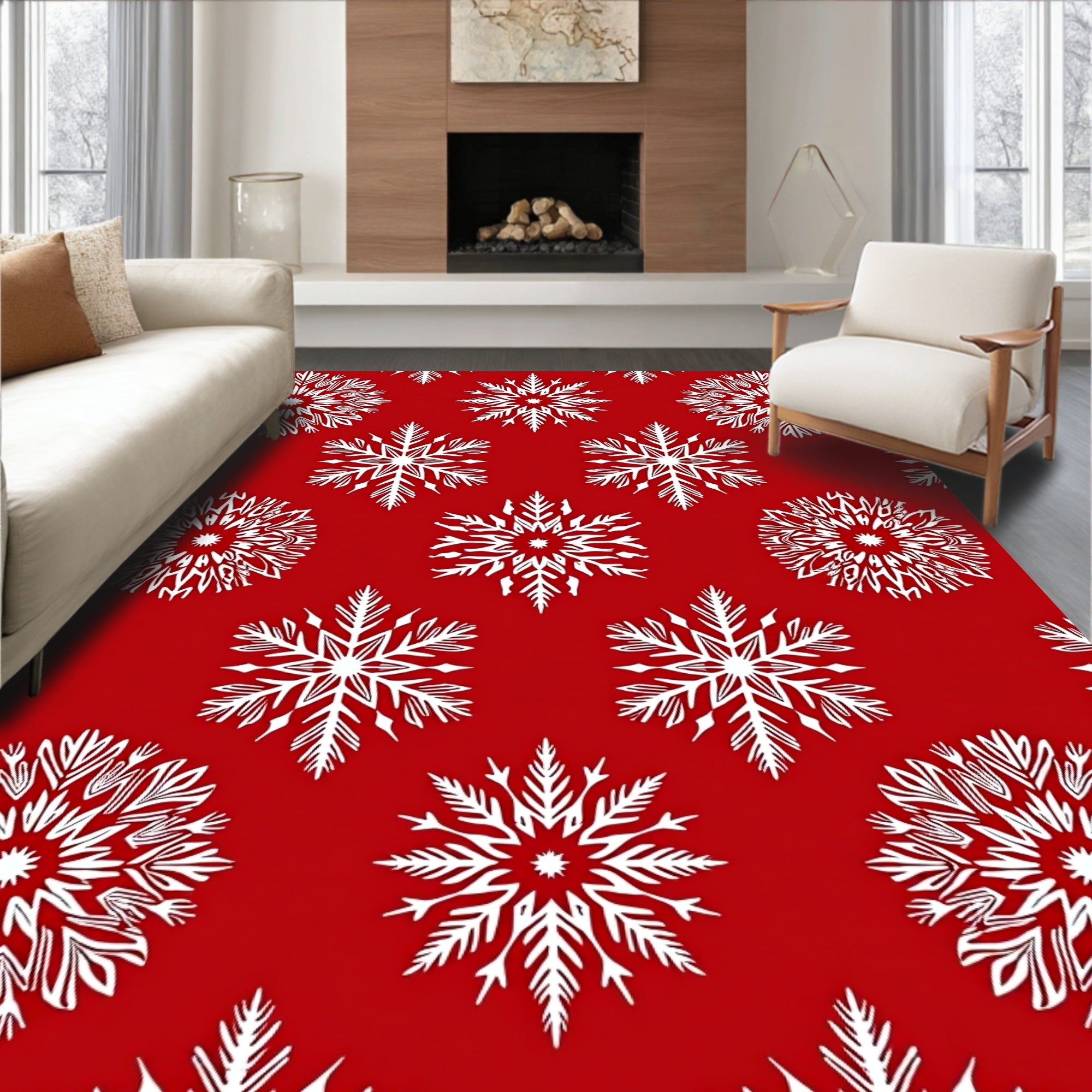 White Snowflakes on Red Background Rug