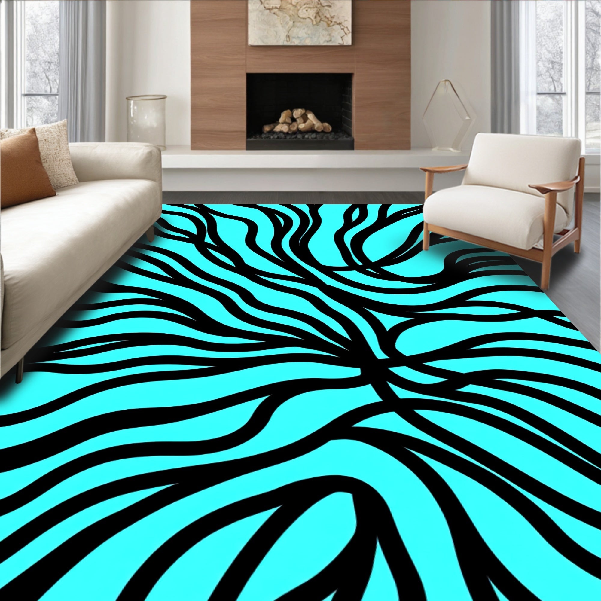 Bold Black Swirls Aqua Background Rug