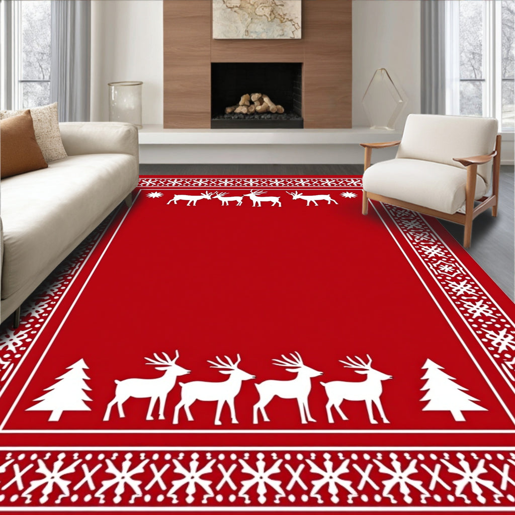 Crimson Red White Reindeer Forest Border Rug