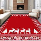 Crimson Red White Reindeer Forest Border Rug