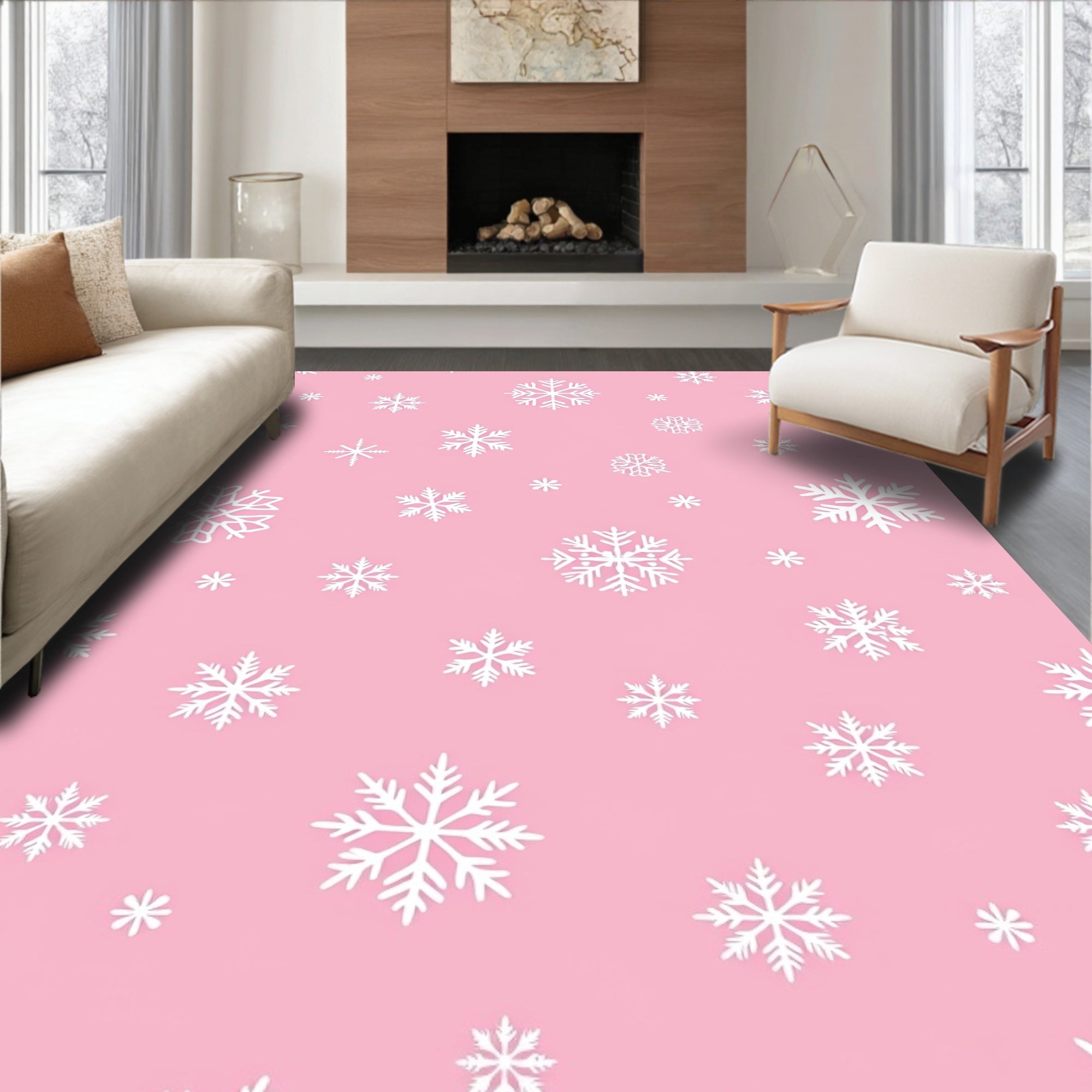 Pink White Snowflake Cluster Rug