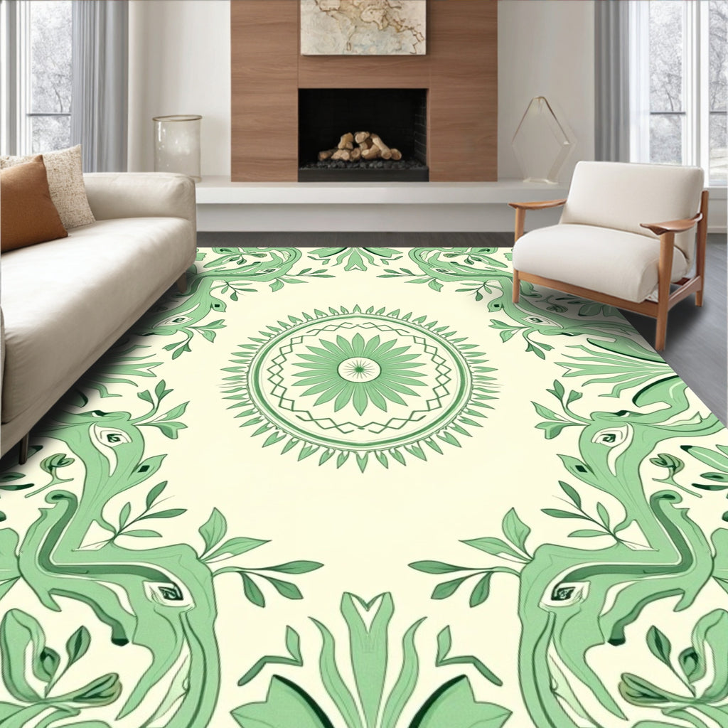Mint Green Floral Medallion Border Rug