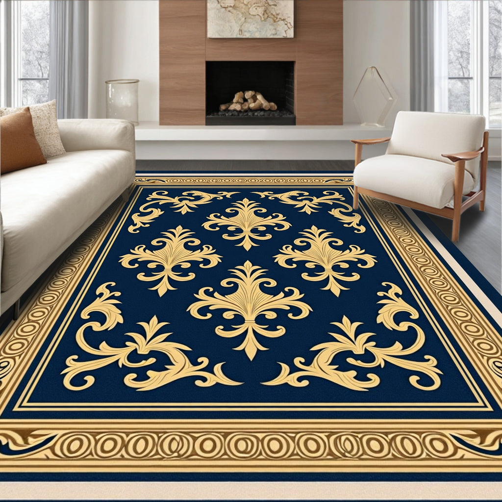 Deep Blue Gold Floral Frame Rug