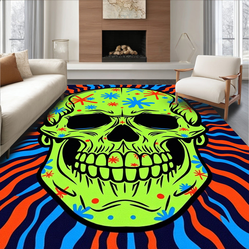 Psychedelic Lime Skull Floral Swirl Rug