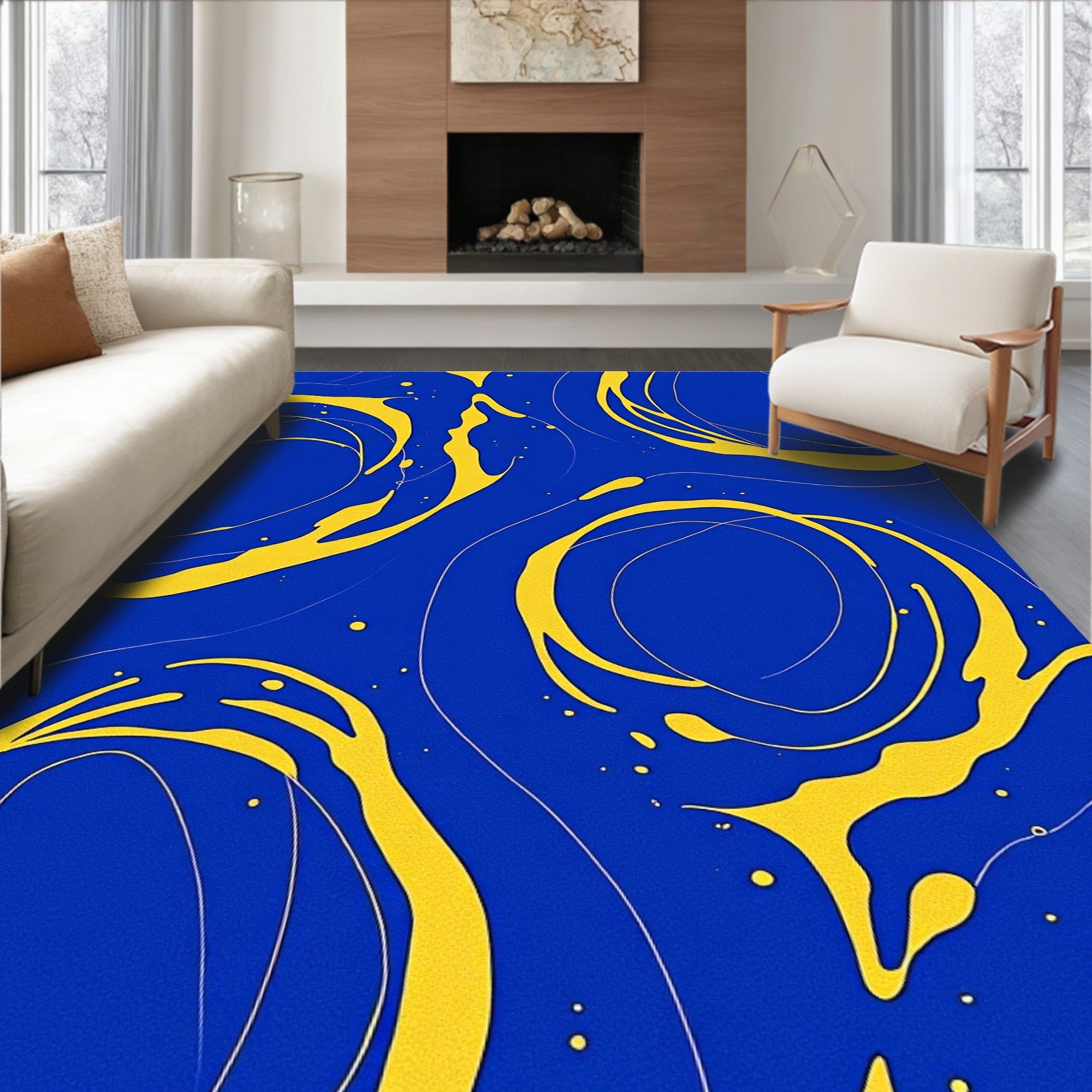 Abstract Yellow Swirl Blue Rug