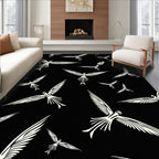 White Birds Flying Across Black Canvas Rug
