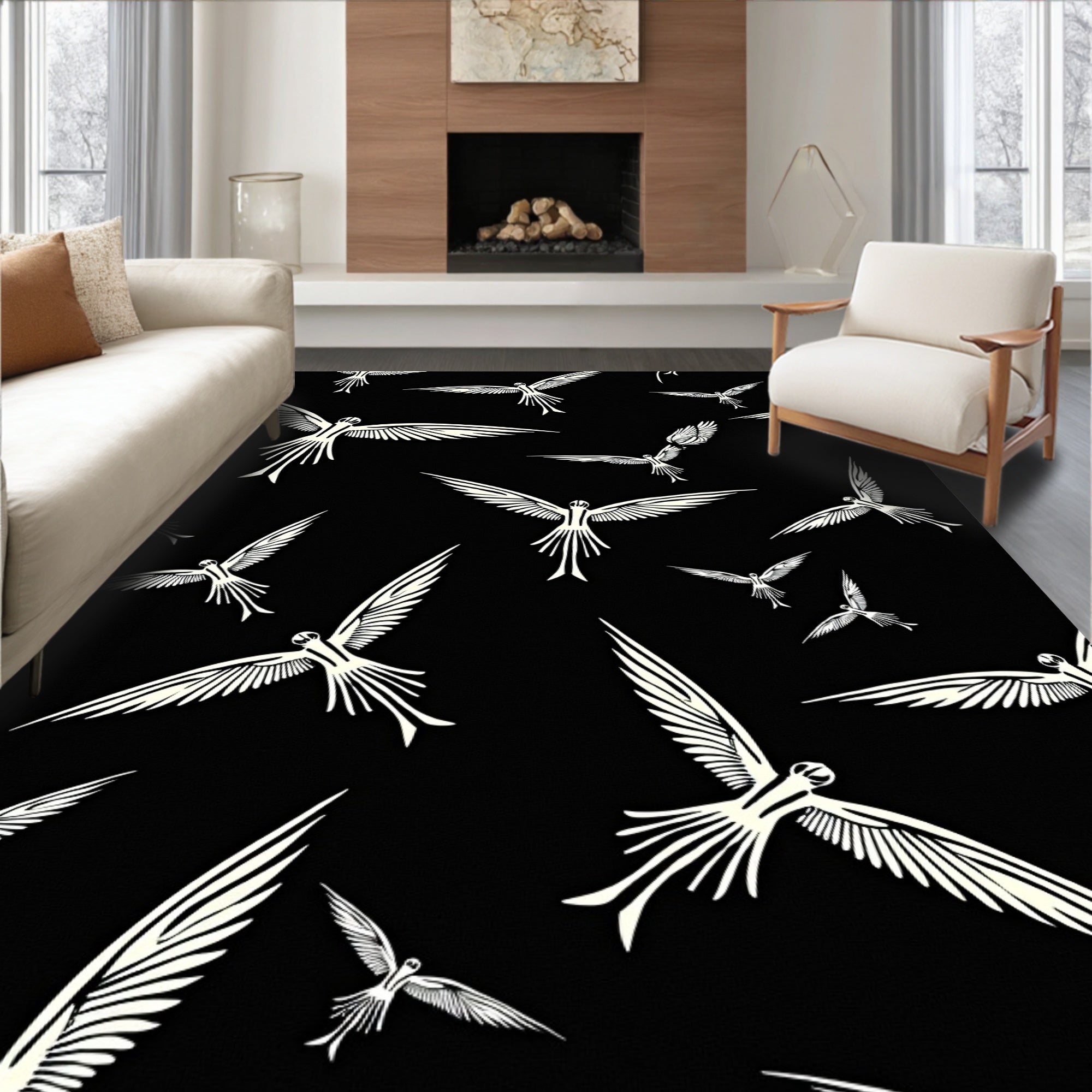 White Birds Flying Across Black Canvas Rug