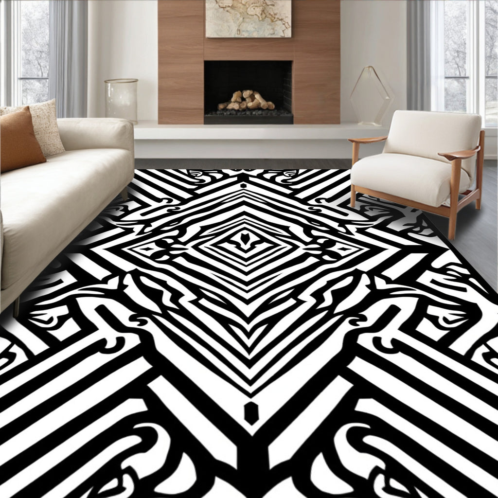 Bold Black White Geometric Diamond Rug